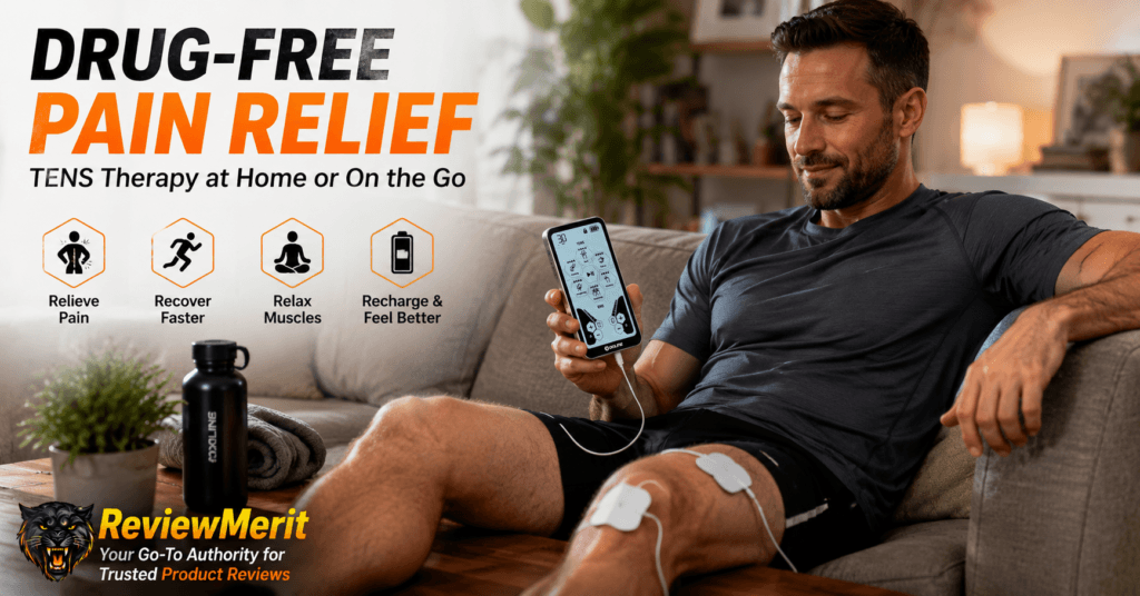 ReviewMerit lifestyle image showing a man relaxing on a couch while using the Oxiline TENS XS Pro for drug-free pain relief and muscle recovery at home, highlighting the device's portability, rechargeable design, and everyday convenience.