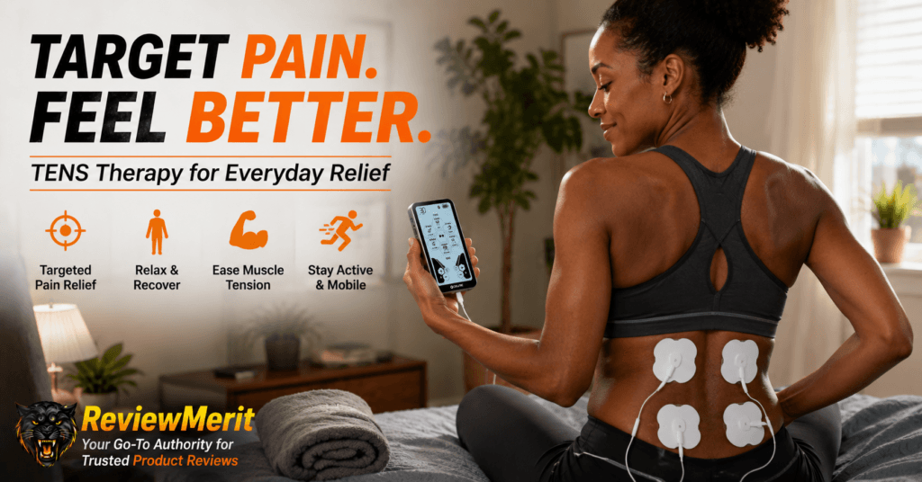 ReviewMerit lifestyle image showing a woman using the Oxiline TENS XS Pro on her lower back for targeted pain relief and muscle recovery at home, highlighting drug-free TENS therapy for everyday back discomfort.