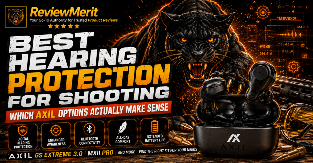 AXIL hearing protection options for shooting, including GS Extreme 3.0 earbuds and MXII Pro earmuffs, featured in ReviewMerit’s guide to the best hearing protection for shooting