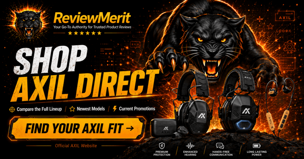 ReviewMerit Shop AXIL Direct CTA featuring AXIL hearing protection products with a Find Your AXIL Fit button