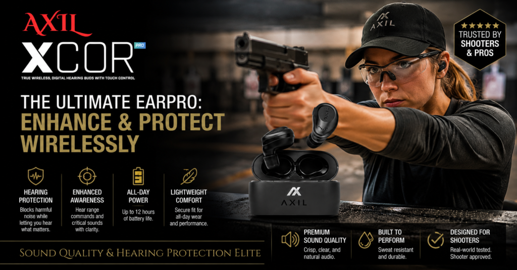 Lifestyle image featuring a woman wearing AXIL XCOR Pro electronic hearing protection earbuds while shooting a pistol at an indoor range. The image showcases the XCOR Pro charging case and earbuds alongside real-world use, highlighting hearing protection, situational awareness, premium sound quality, all-day comfort, and wireless performance for shooters seeking an alternative to traditional earmuffs.