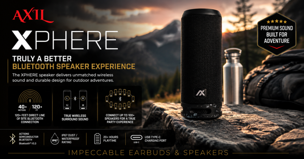 AXIL XPHERE portable Bluetooth speaker displayed on a rocky mountain overlook at sunset with outdoor adventure gear in the background. The image highlights premium sound quality, long battery life, waterproof durability, Bluetooth connectivity, and true wireless stereo capabilities, showcasing the XPHERE as a rugged outdoor speaker for camping, hiking, tailgating, and travel.