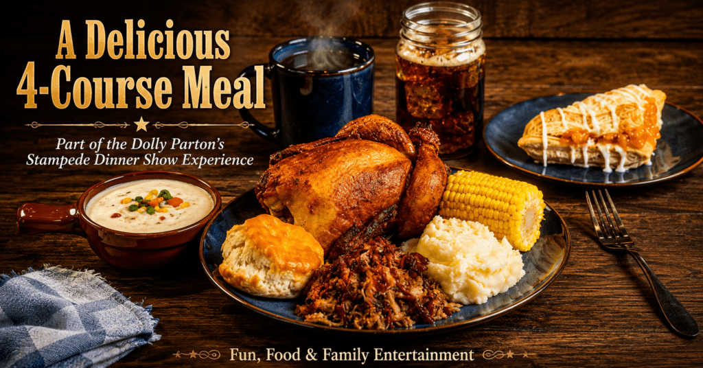 Dolly Parton’s Stampede Dinner Show 4-course meal featuring roasted chicken, soup, corn, mashed potatoes, a biscuit, dessert, and drinks on a rustic wooden table.