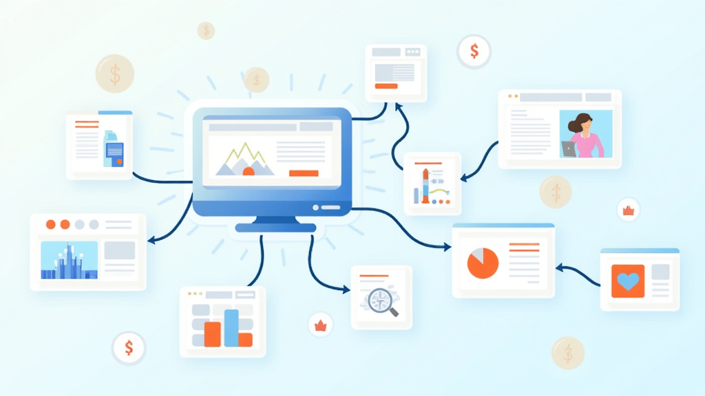 Illustration of affiliate marketing concept with interconnected websites and revenue graphics