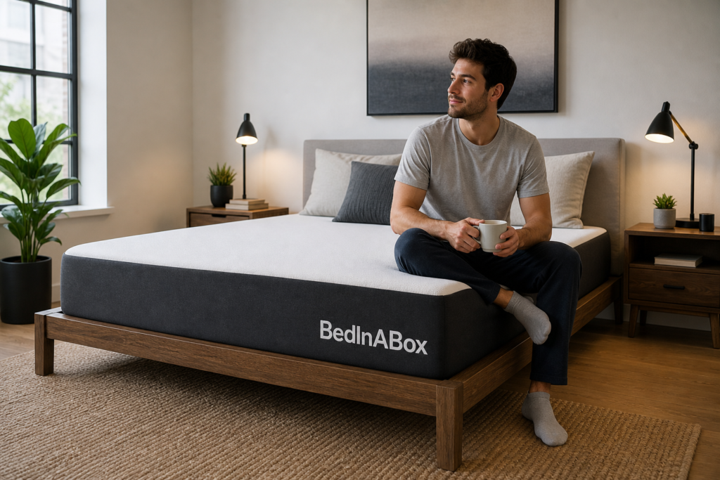 Man drinking coffee on a BedInABox mattress.