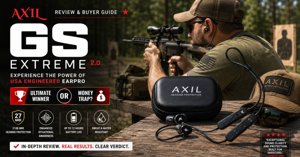 Lifestyle image for an AXIL GS Extreme 2.0 review showing a shooter wearing AXIL Bluetooth hearing protection earbuds at an outdoor shooting range. The image features the GS Extreme 2.0 earbuds, carrying case, and accessories on a shooting bench alongside a rifle, highlighting hearing protection, situational awareness, battery life, and real-world use for shooters and outdoor enthusiasts.
