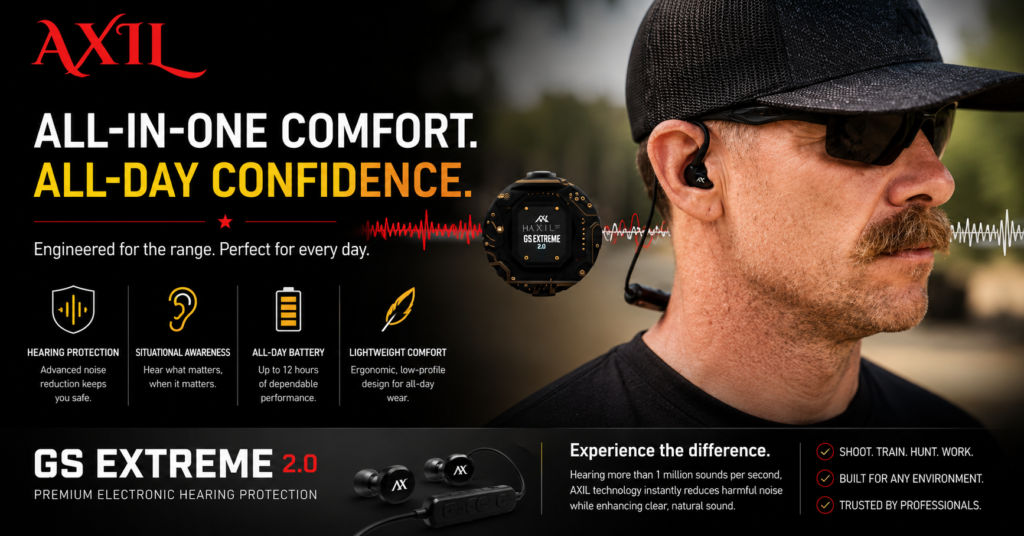 Lifestyle image featuring a man wearing AXIL GS Extreme 2.0 electronic hearing protection earbuds outdoors. The graphic highlights comfort, situational awareness, battery life, and hearing protection while showcasing the GS Extreme 2.0 in a real-world setting. Designed for shooters, hunters, and outdoor enthusiasts who want hearing protection with Bluetooth connectivity and all-day comfort.