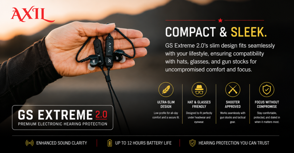 Close-up lifestyle image of AXIL GS Extreme 2.0 electronic hearing protection earbuds held in a person's hand against a mountain sunset backdrop. The graphic highlights the earbuds' compact, low-profile design and emphasizes compatibility with hats, glasses, and shooting gear while showcasing comfort, hearing protection, and all-day wear for shooters, hunters, and outdoor enthusiasts.