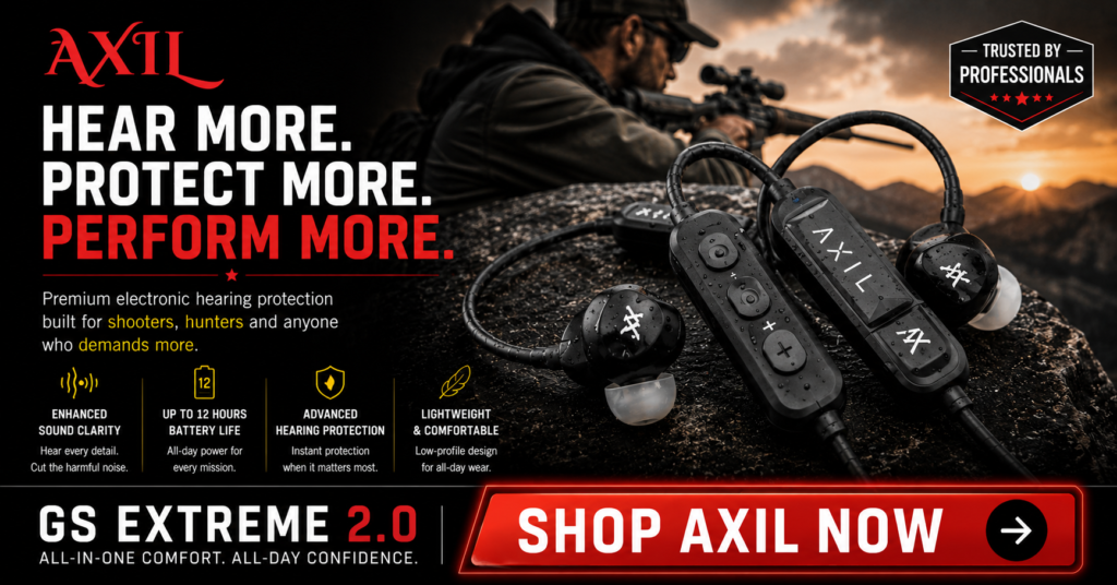 Strong call-to-action image for the AXIL GS Extreme 2.0 featuring electronic hearing protection earbuds displayed in a rugged outdoor shooting environment. The graphic highlights hearing protection, situational awareness, battery life, lightweight comfort, and real-world performance for shooters and hunters. A prominent “SHOP AXIL NOW” button encourages visitors to explore the latest AXIL hearing protection options and current offers.