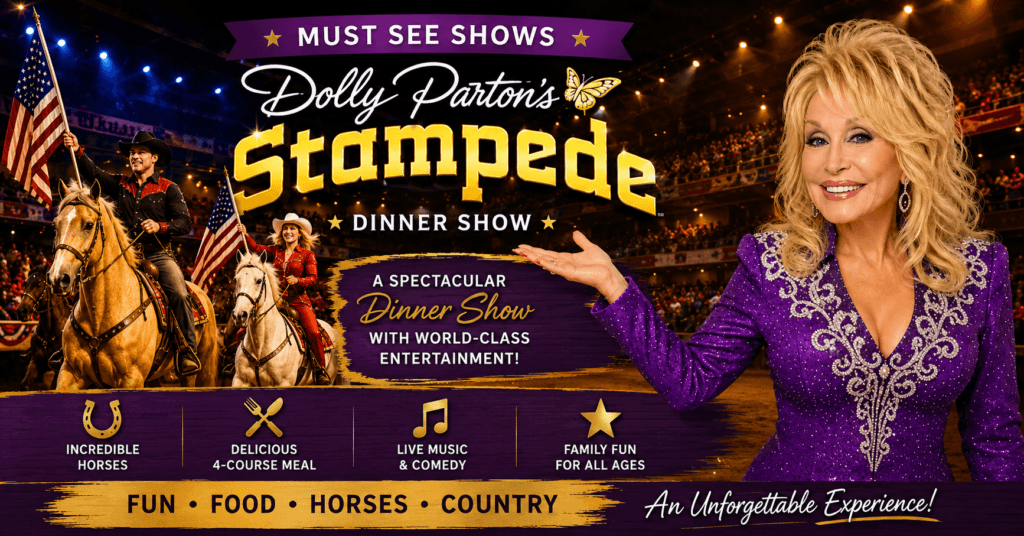 Dolly Parton’s Stampede Dinner Show promotional graphic featuring horseback riders, American flags, arena entertainment, dinner show highlights, and Dolly Parton presenting the experience.