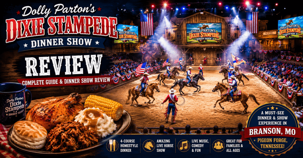 Dolly Parton’s Dixie Stampede Dinner Show review graphic featuring a packed arena, horseback riders, patriotic flags, a homestyle dinner plate, and Branson, MO and Pigeon Forge, Tennessee location callouts.