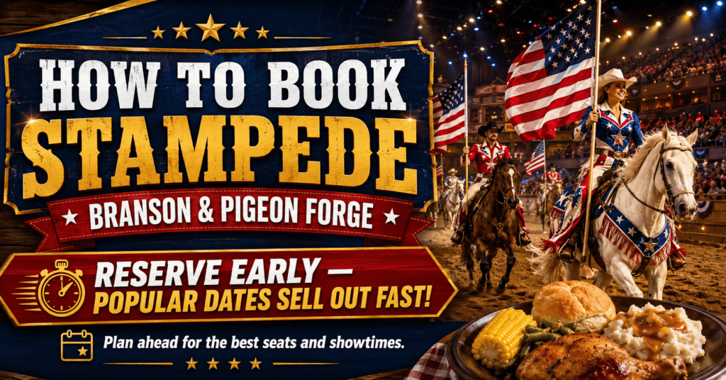 How to book Dolly Parton’s Stampede in Branson and Pigeon Forge graphic featuring horseback riders, a dinner plate, and an urgent reminder to reserve early because popular dates sell out fast.