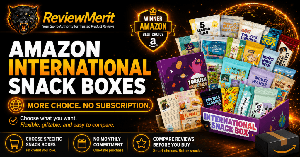 Amazon international snack boxes comparison image showing a ReviewMerit-branded snack box with more choice, no subscription, and flexible one-time buying options.