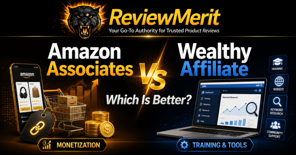 ReviewMerit featured image comparing Amazon Associates for product monetization with Wealthy Affiliate for training, website tools, keyword research, and community support.