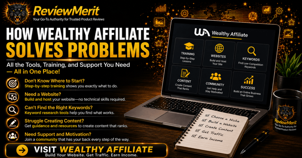 ReviewMerit image showing how Wealthy Affiliate solves common affiliate marketing problems with training, website hosting, keyword research, content guidance, and community support.