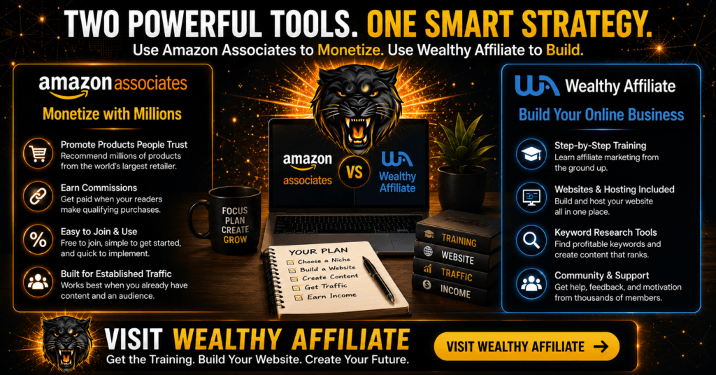 ReviewMerit comparison image showing Amazon Associates for monetization and Wealthy Affiliate for training, website building, keyword research, community support, and long-term affiliate business growth.