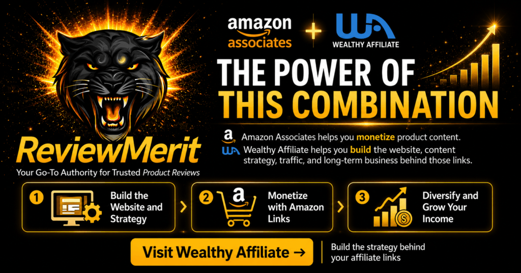 ReviewMerit image showing the advantages of combining Amazon Associates with Wealthy Affiliate to build a website, monetize product content, diversify income, and grow an affiliate business.