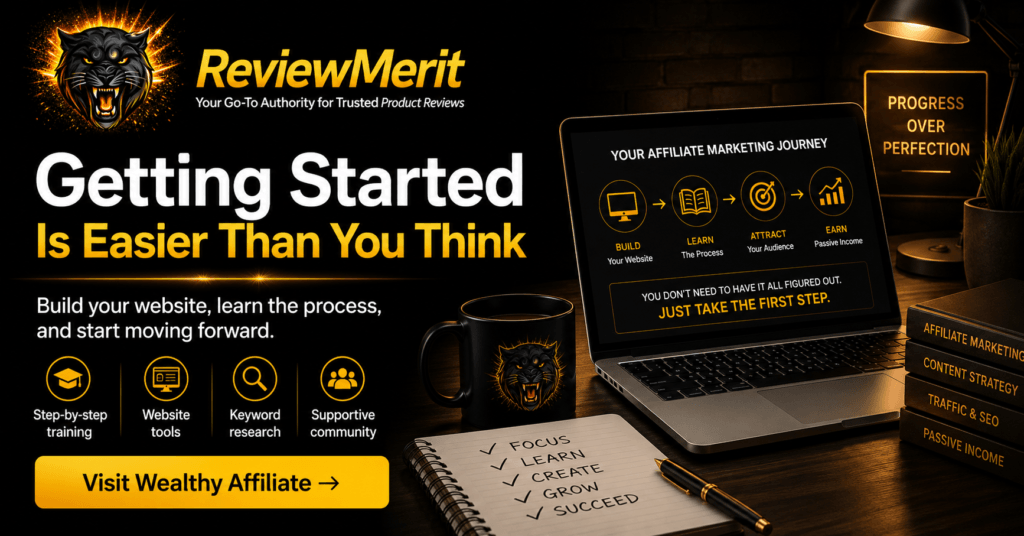 ReviewMerit getting-started image showing affiliate marketing training, website tools, keyword research, community support, and a step-by-step path to building an online business
