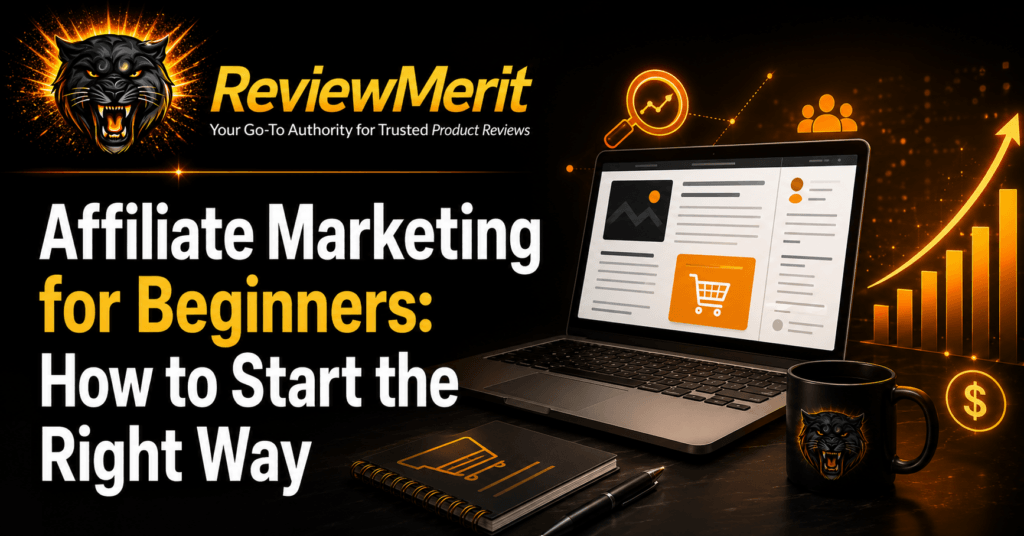ReviewMerit featured image for Affiliate Marketing for Beginners showing a laptop, content website, traffic growth, and online commission concept