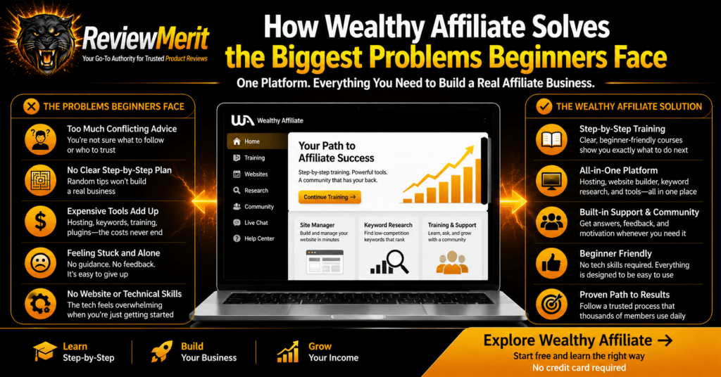 ReviewMerit graphic showing how Wealthy Affiliate helps beginners overcome conflicting advice, expensive tools, technical challenges, and lack of support with step-by-step training, website tools, keyword research, and community guidance