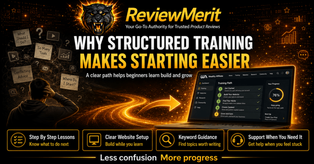 ReviewMerit graphic showing how structured Wealthy Affiliate training helps beginners move from confusion to a clear step-by-step path with website setup, keyword guidance, and ongoing support