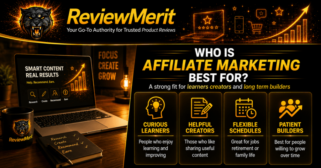 ReviewMerit graphic showing affiliate marketing is best suited for curious learners, helpful content creators, people needing flexible schedules, and patient long-term builders