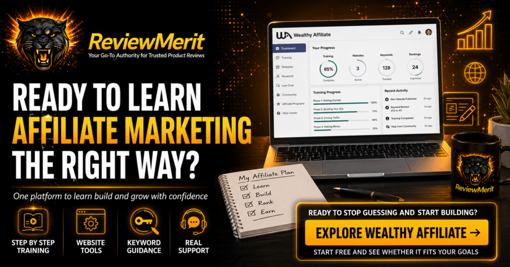 ReviewMerit graphic promoting Wealthy Affiliate as a structured way to learn affiliate marketing with step-by-step training, website tools, keyword guidance, real support, and a free starter account CTA