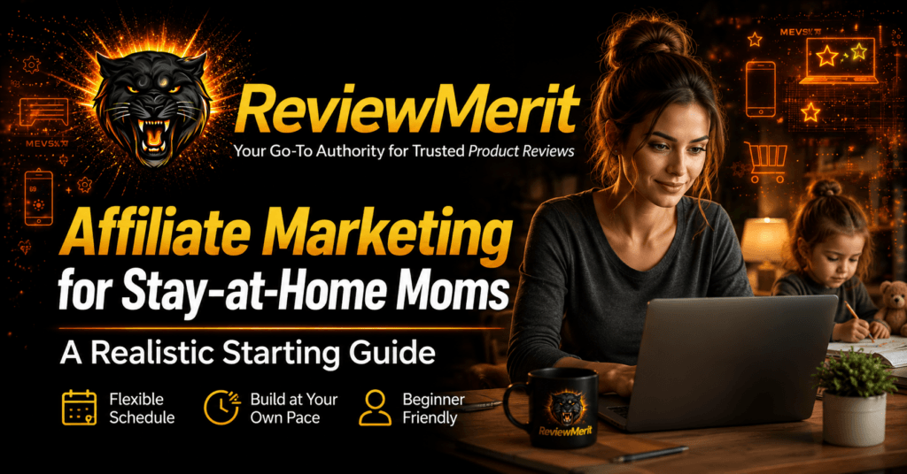 ReviewMerit featured image for Affiliate Marketing for Stay-at-Home Moms showing a mother building an online business from home while balancing family responsibilities