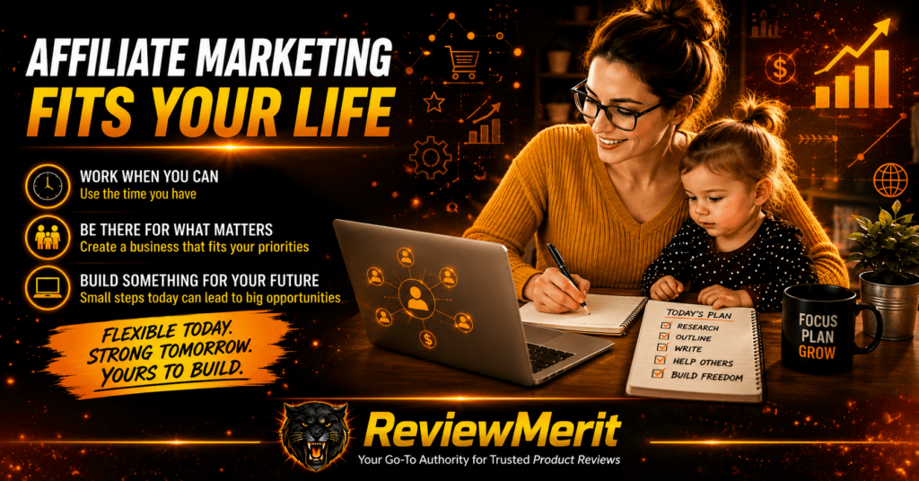 ReviewMerit graphic showing affiliate marketing fitting around family life with a stay-at-home mom working in short blocks, prioritizing family, and building an online business gradually from home