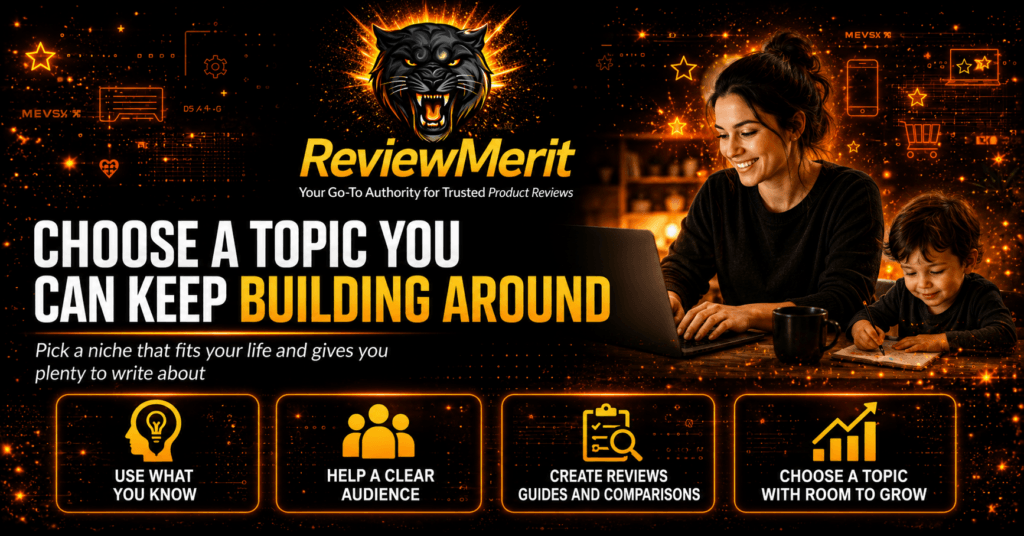 ReviewMerit graphic showing a stay-at-home mom choosing an affiliate marketing niche she can keep building around, with ideas focused on personal knowledge, a clear audience, useful reviews and guides, and room to grow