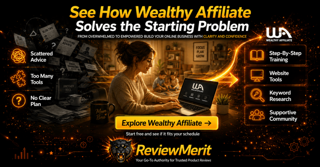 ReviewMerit graphic showing how Wealthy Affiliate helps stay-at-home moms move from scattered advice, too many tools, and no clear plan to step-by-step training, website tools, keyword research, and community support