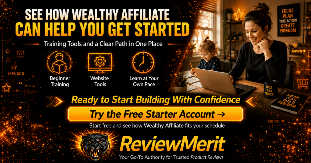 ReviewMerit graphic encouraging stay-at-home moms to try Wealthy Affiliate’s free Starter account with beginner training, website tools, flexible learning, and a clear path to start building with confidence