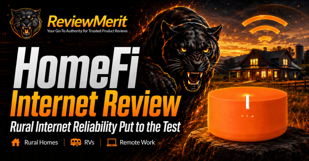 ReviewMerit featured image for a HomeFi Internet review showing the orange HomeFi device, a rural home at sunset, a fierce black panther, and text highlighting rural internet reliability for homes, RVs, and remote work