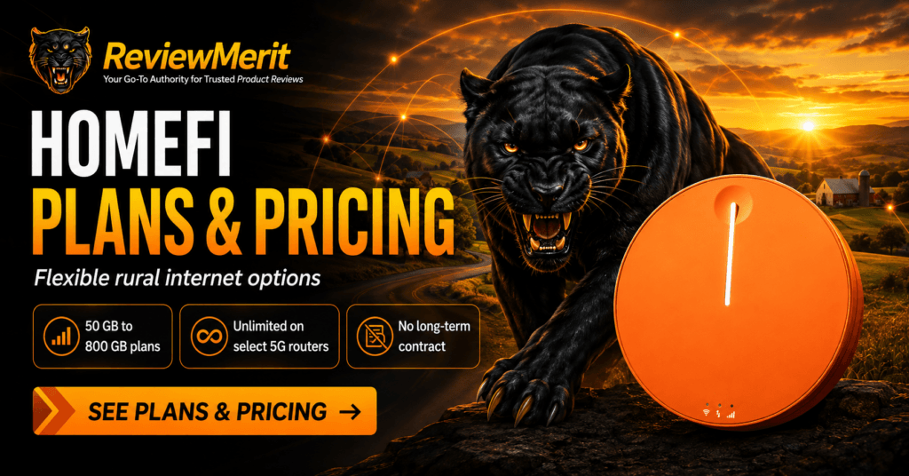 ReviewMerit HomeFi plans and pricing graphic featuring the orange HomeFi router, a black panther, a rural sunset backdrop, and highlights for flexible plans, unlimited 5G options, and no long-term contract