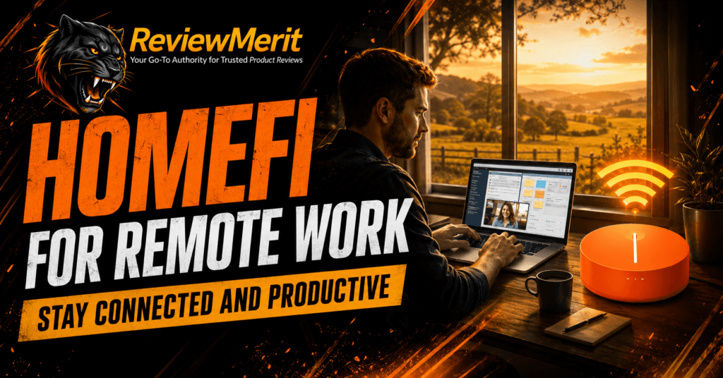 ReviewMerit HomeFi remote work graphic featuring the orange HomeFi router, a rural home office, and a remote worker staying connected online