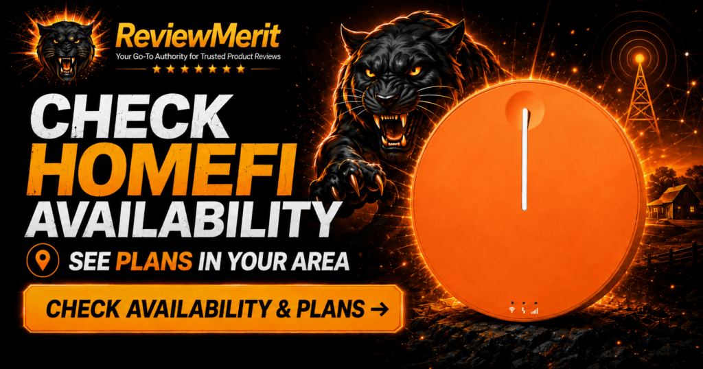 ReviewMerit HomeFi availability graphic with orange HomeFi router, black panther, rural home, and CTA to check availability and plans in your area