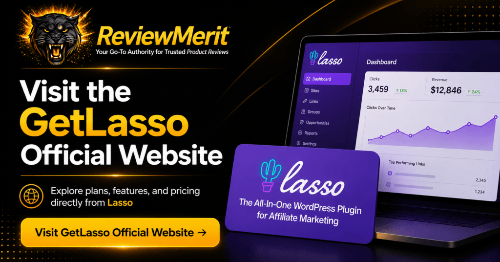 GetLasso affiliate link management dashboard displayed in a ReviewMerit-branded graphic with a link to the official website