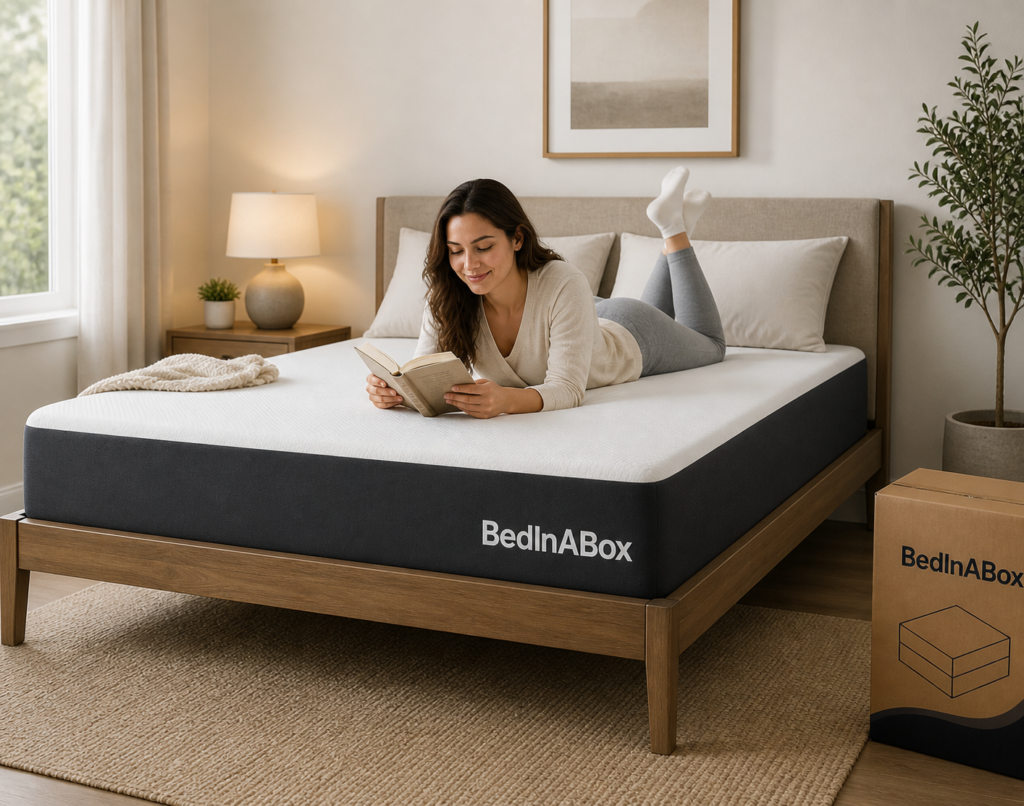 Woman reading on a BedInABox mattress. 
