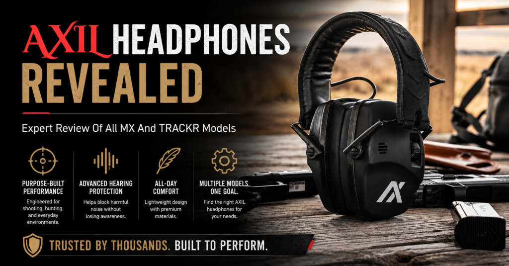 AXIL electronic hearing protection headphones displayed at a shooting range, highlighting MX and TRACKR models designed for hearing protection, situational awareness, all-day comfort, and performance for shooters, hunters, and outdoor enthusiasts.