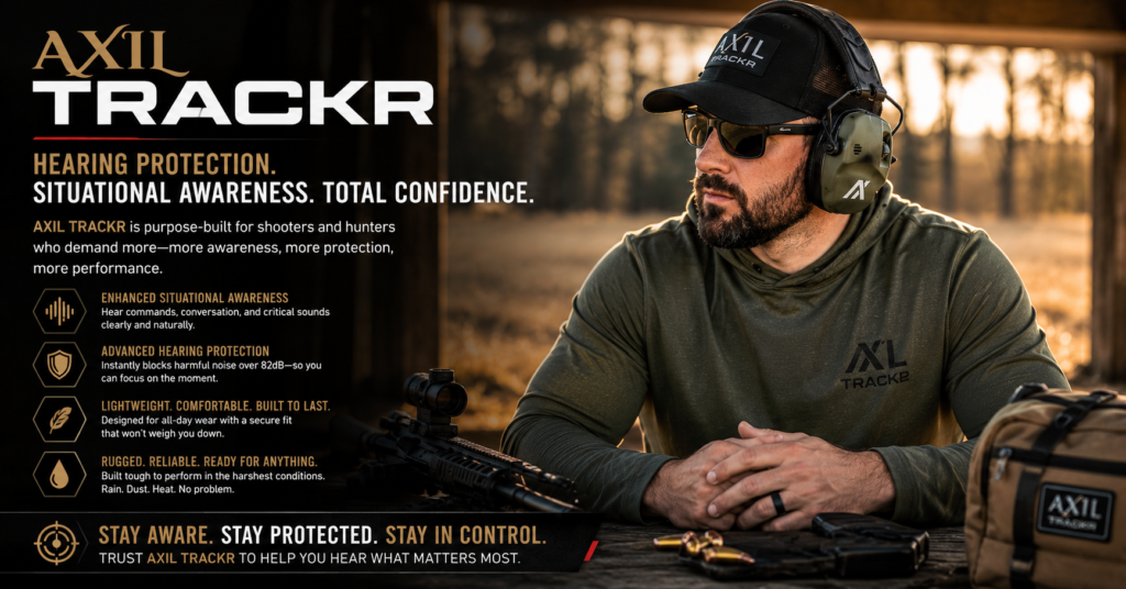 AXIL TRACKR electronic hearing protection earmuffs worn by a shooter at an outdoor range, highlighting situational awareness, hearing protection, all-day comfort, and rugged performance for shooting, hunting, and outdoor activities.
