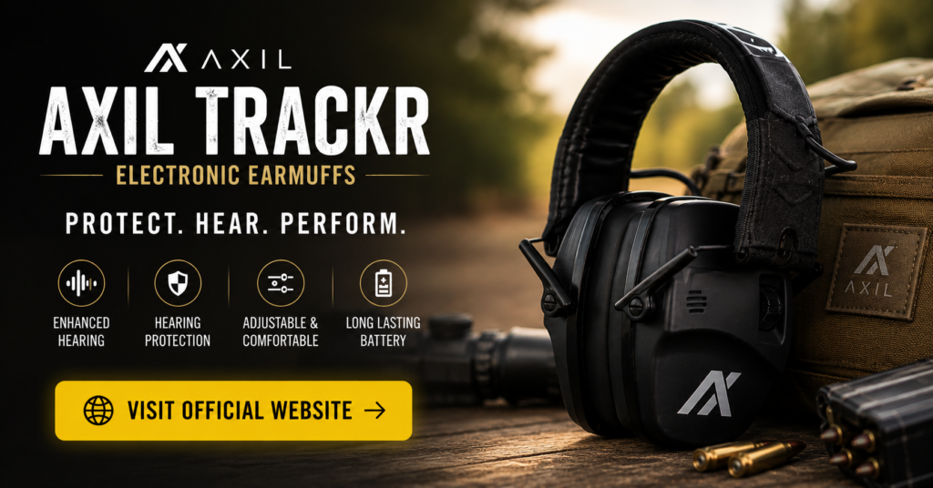 AXIL TRACKR electronic earmuffs displayed beside tactical gear and ammunition in an outdoor setting. Promotional image highlights enhanced hearing, hearing protection, adjustable comfort, long-lasting battery life, and a bright yellow "Visit Official Website" call-to-action button.
