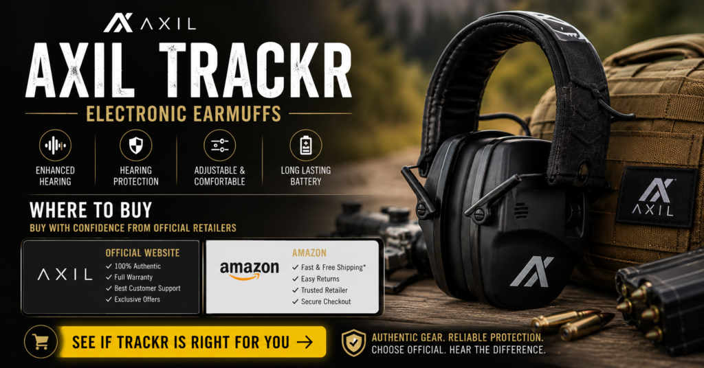 AXIL TRACKR electronic earmuffs displayed beside tactical gear and ammunition with a Where to Buy comparison section featuring Official Website and Amazon purchasing options. The image highlights enhanced hearing, hearing protection, adjustable comfort, long battery life, and a call-to-action inviting visitors to see if AXIL TRACKR is right for them.