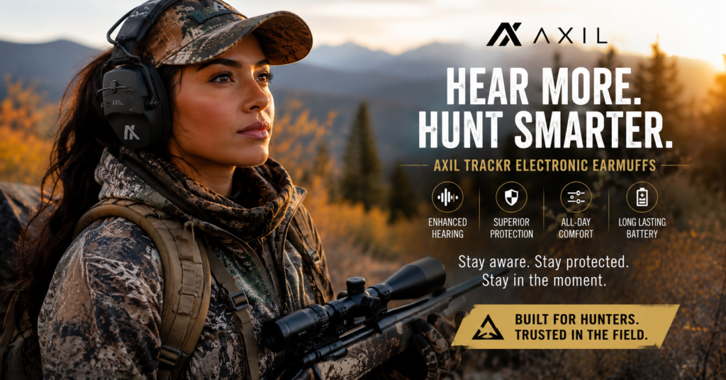 Hunter wearing AXIL TRACKR electronic earmuffs and camouflage gear while holding a scoped rifle in a mountain landscape at sunrise. Promotional image highlights enhanced hearing, superior protection, all-day comfort, long-lasting battery life, and situational awareness for hunters in the field.