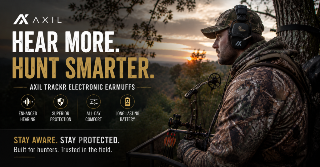 Hunter wearing AXIL TRACKR electronic earmuffs while sitting in a deer stand at sunrise with a compound bow. Promotional image highlights enhanced hearing, superior hearing protection, all-day comfort, long-lasting battery life, and situational awareness for hunters in the field.