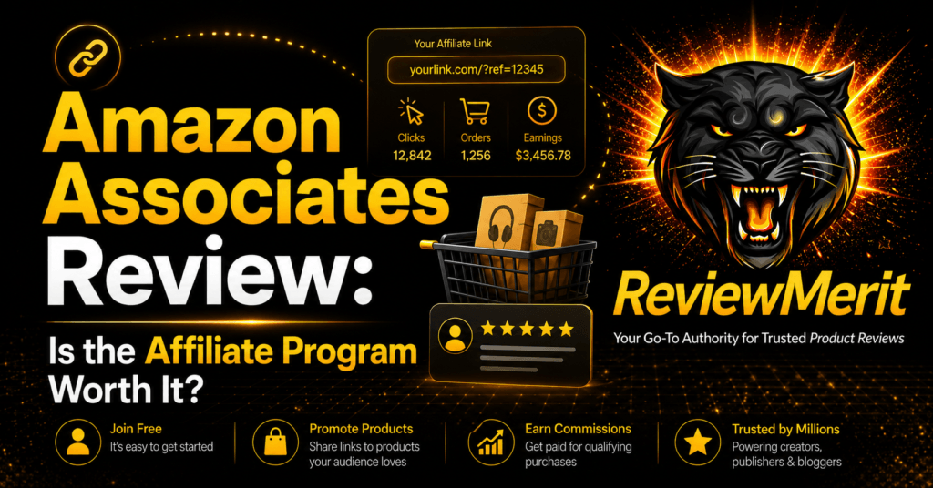 ReviewMerit featured image for an Amazon Associates review, featuring affiliate links, earnings analytics, a shopping cart, customer ratings, and the question “Is the Affiliate Program Worth It?”