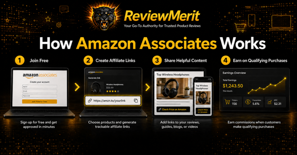ReviewMerit infographic explaining how Amazon Associates works through four steps: join free, create affiliate links, share helpful content, and earn commissions from qualifying purchases.