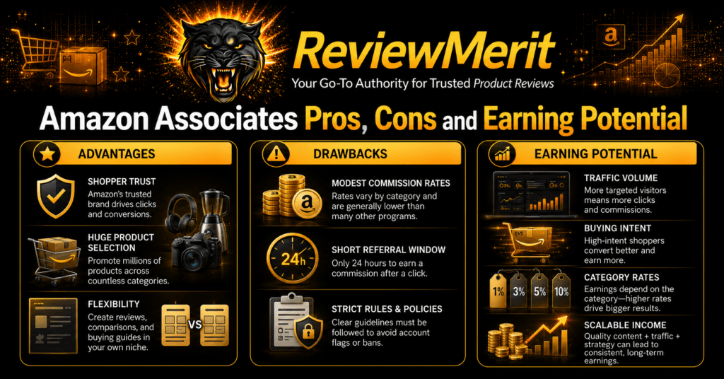 ReviewMerit infographic comparing Amazon Associates advantages, drawbacks, and earning potential, including shopper trust, product selection, commission rates, the 24-hour referral window, traffic, and buying intent.