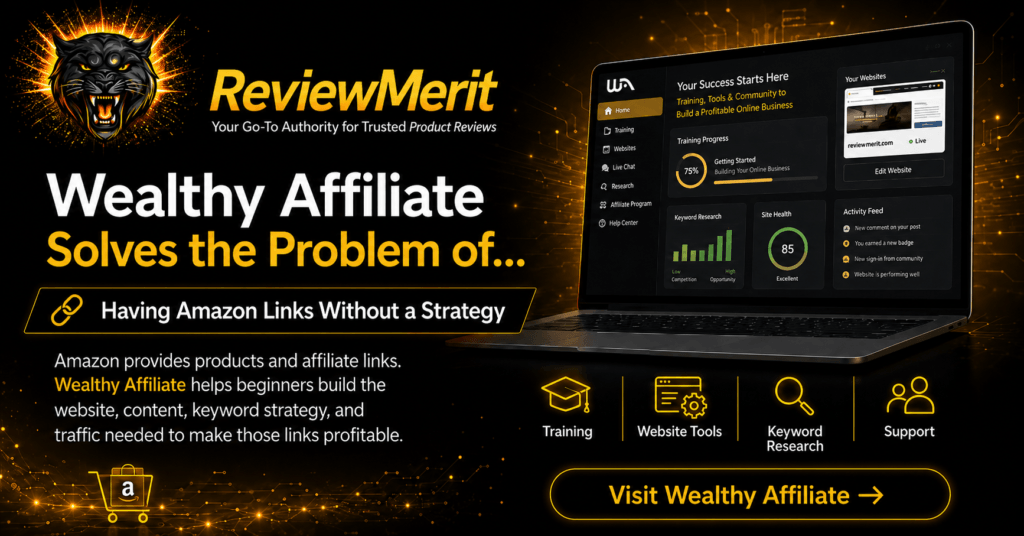 ReviewMerit image showing how Wealthy Affiliate solves the problem of having Amazon affiliate links without a strategy by providing training, website tools, keyword research, and support.