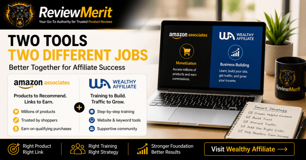 ReviewMerit comparison image showing Amazon Associates for product monetization and Wealthy Affiliate for training, website building, keyword research, traffic growth, and affiliate business strategy.