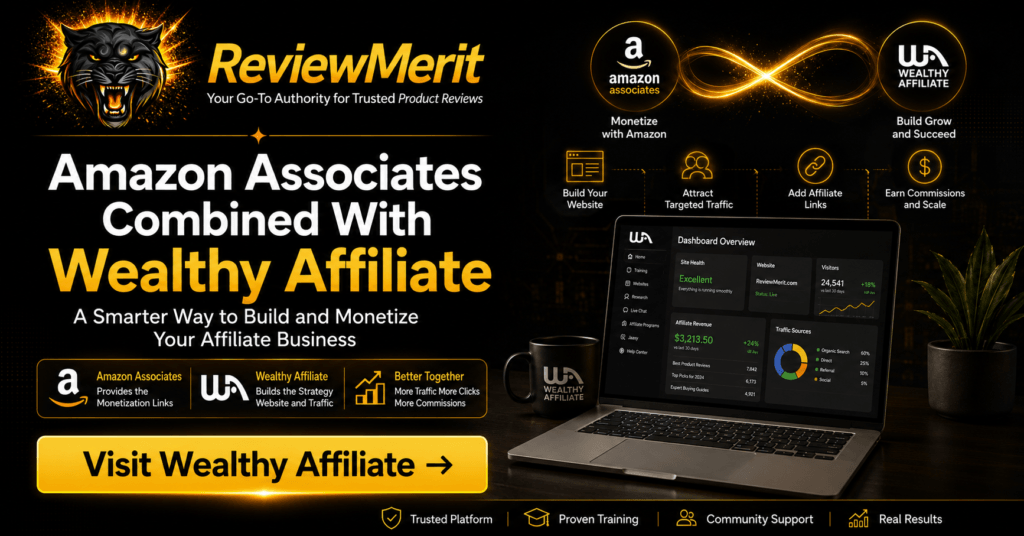 ReviewMerit image showing Amazon Associates combined with Wealthy Affiliate to build traffic, add affiliate links, and grow commission income